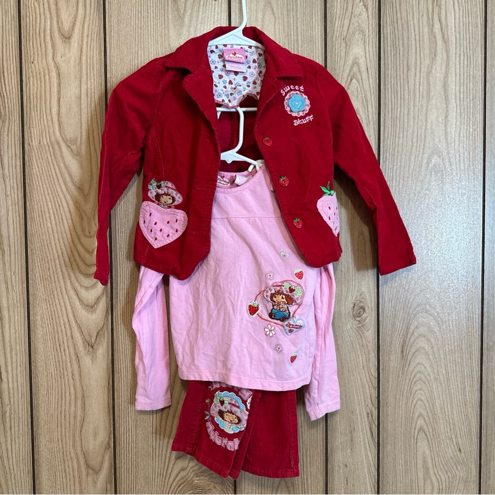 RARE VINTAGE Red and Pink Strawberry Shortcake Corduroy 3pc Set